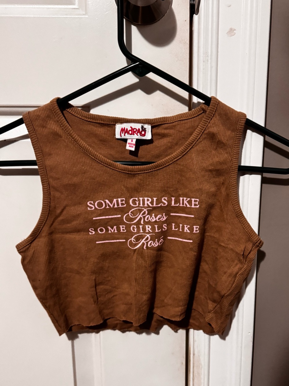 MadRag Brown Ribbed Cropped Tank Top with Pink Script